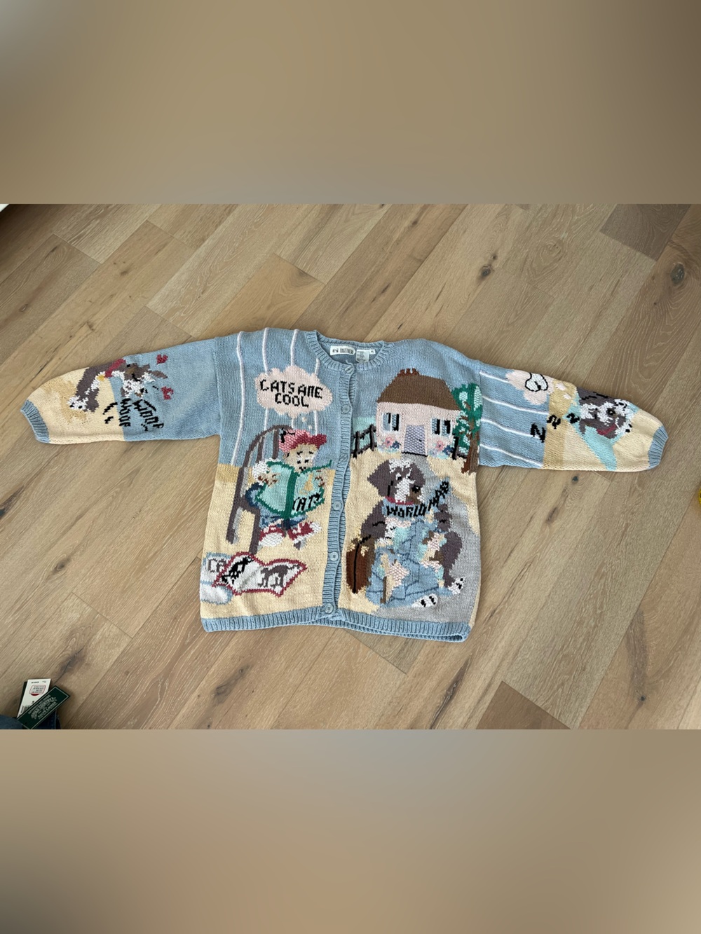 Novelty Cat Scene Cardigan - Light Blue & Cream